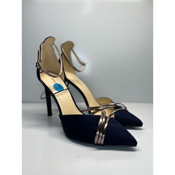Nine West Pumps 10M Shoes Blue/ Silver Ankle Strap Suede Heels Women (L2) - Picture 1 of 11
